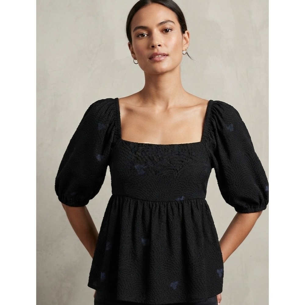 Treasure & Bond Cottagecore Puff Sleeve Open Back Peplum Top Black‎ XXS